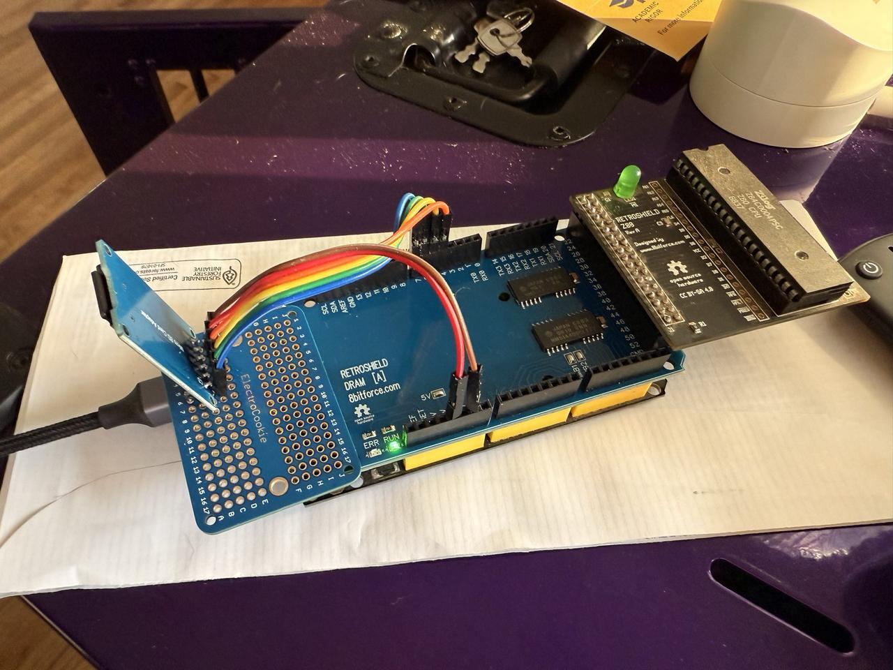 The complete hardware stack: Arduino Mega 2560, KDRAM2560 DRAM shield, RetroShield Z80, and SD card module