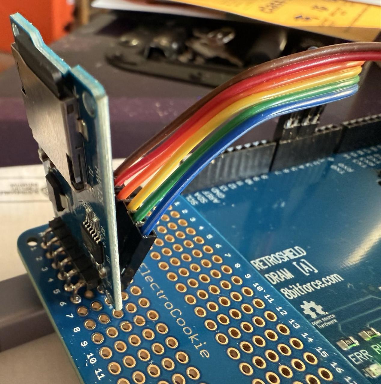 The SD card module connected via rainbow ribbon cable to the KDRAM2560's prototyping area