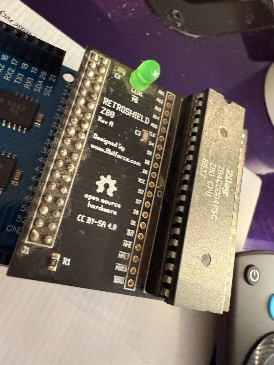 Close-up of the RetroShield Z80 with a Zilog Z84C0004PSC CPU - the real silicon that runs CP/M