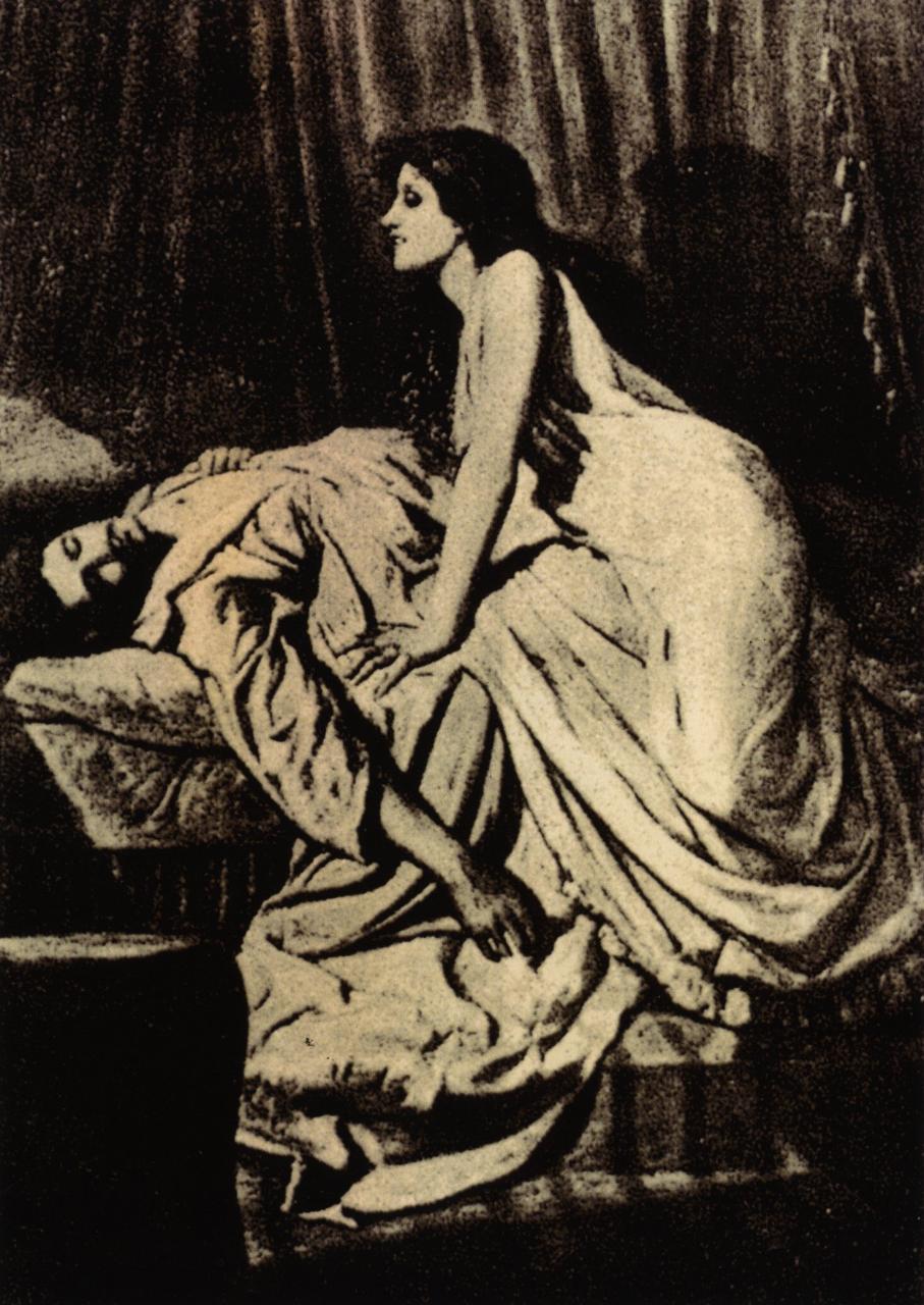 The Vampire, an 1897 painting by Philip Burne-Jones depicting a pale woman draped over a prostrate man — the visual origin of the vampire as metaphor for extraction