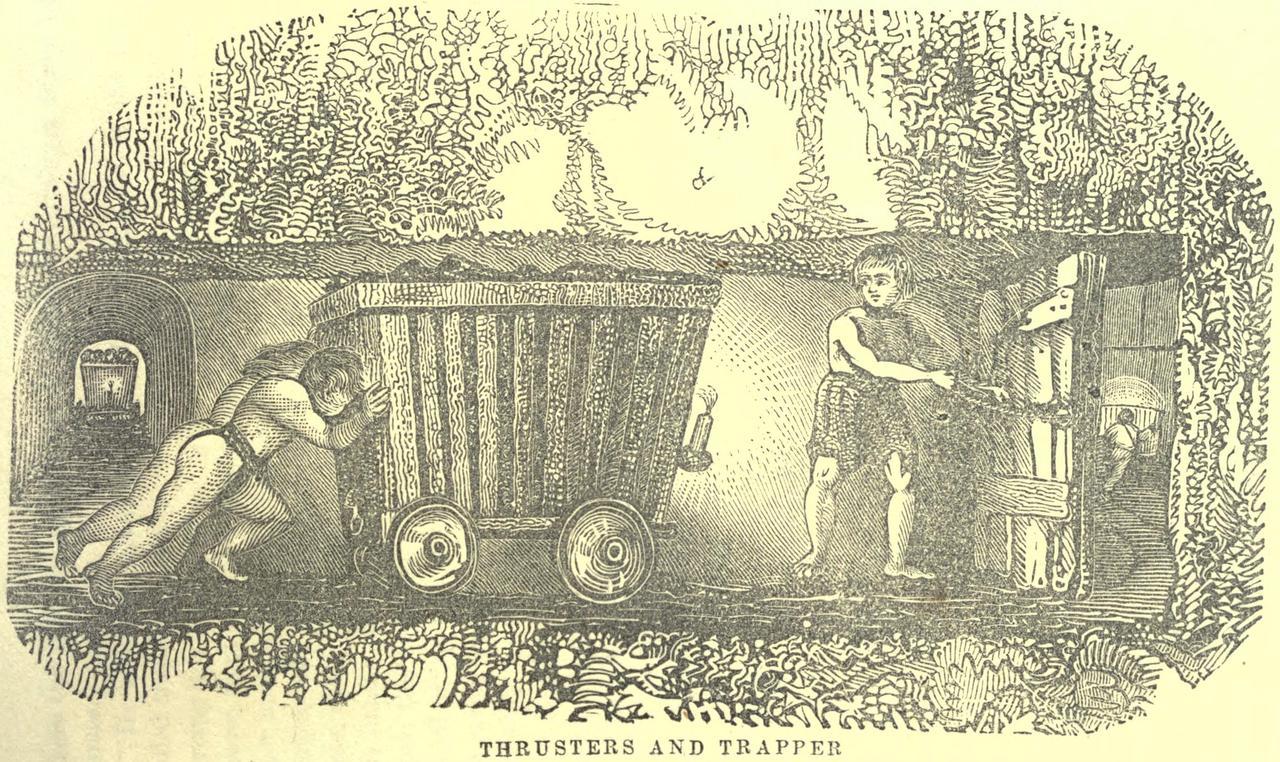 Two coal thrusters and a trapper in a British coal mine, from J. C. Cobden's White Slaves of England, 1854 — the human cost of running an input at maximum extraction