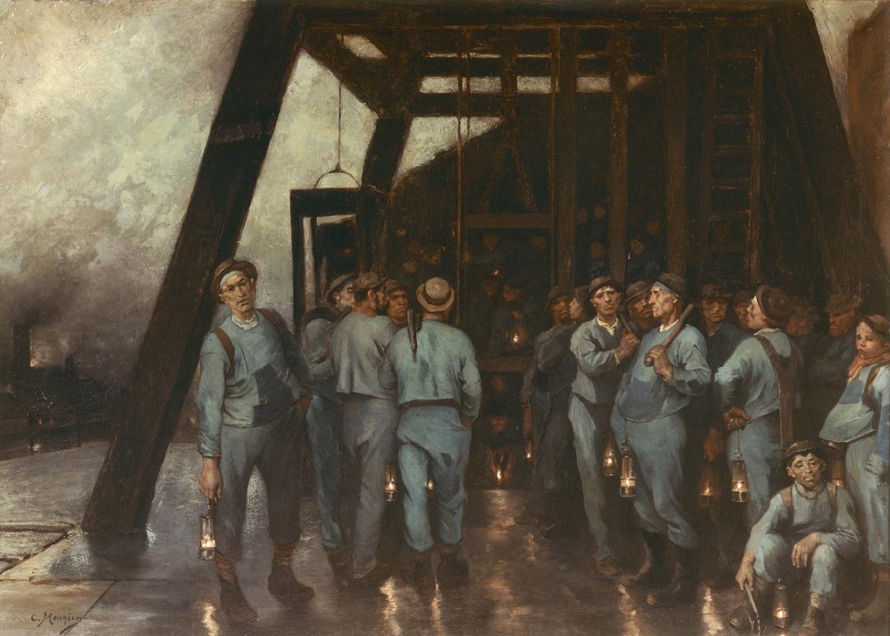 Descent of the Miners into the Shaft, an 1882 painting by Constantin Meunier showing coal miners descending into a mine — the human beings at the point of production in the original Jevons cycle