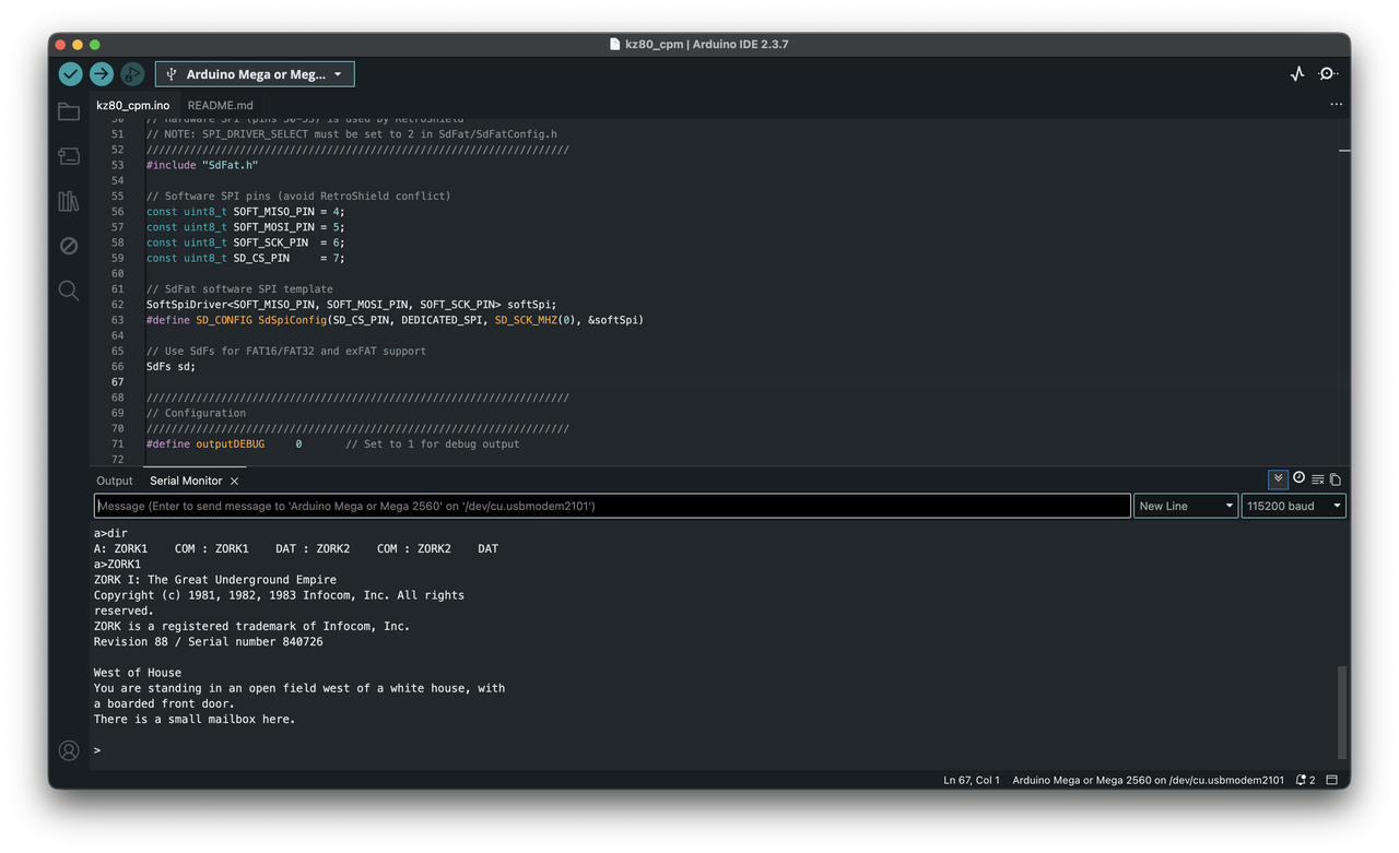 Arduino IDE showing Zork I running on CP/M on the RetroShield Z80
