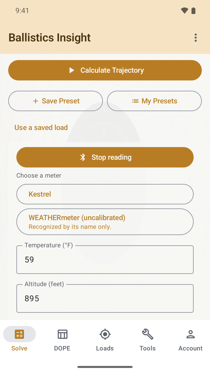 The Solve tab after tapping Read meter: a Choose a meter list offering a Kestrel, and a WEATHERmeter marked uncalibrated and recognized by its name only.