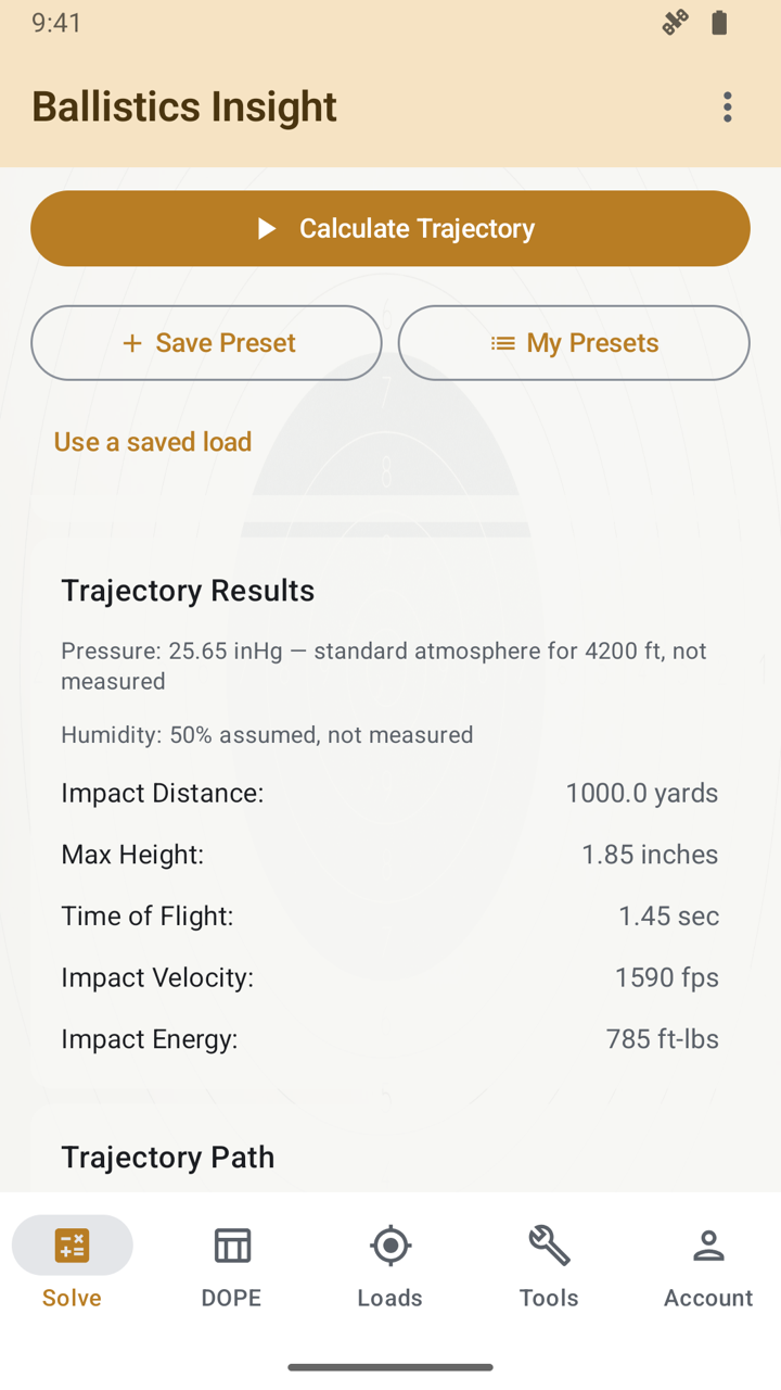 The Solve tab in Ballistics Insight showing Trajectory Results at 1000 yards: impact distance 1000.0 yards, max height 1.85 inches, time of flight 1.45 seconds, impact velocity 1590 fps, impact energy 785 ft-lbs. Above the results two notes read: Pressure 25.65 inHg, standard atmosphere for 4200 ft, not measured; and Humidity 50% assumed, not measured.