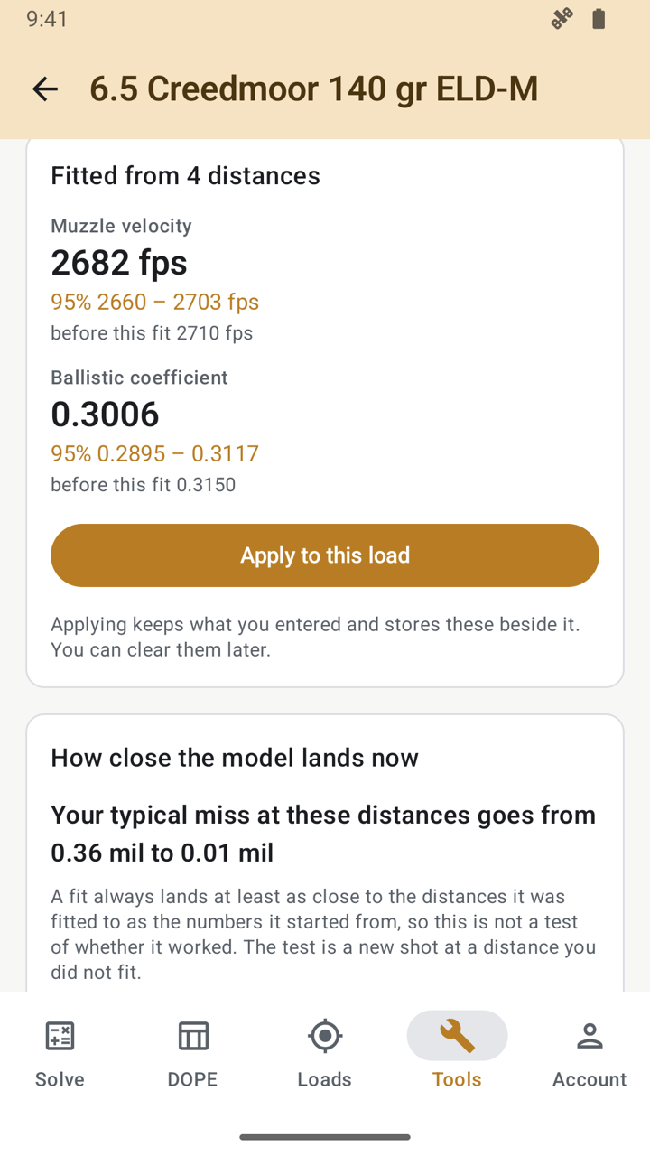 The truing result, Fitted from 4 distances: muzzle velocity 2682 fps, 95% 2660 to 2703 fps, before this fit 2710 fps; ballistic coefficient 0.3006, 95% 0.2895 to 0.3117, before this fit 0.3150; an Apply to this load button; and a note that the typical miss at these distances goes from 0.36 mil to 0.01 mil.