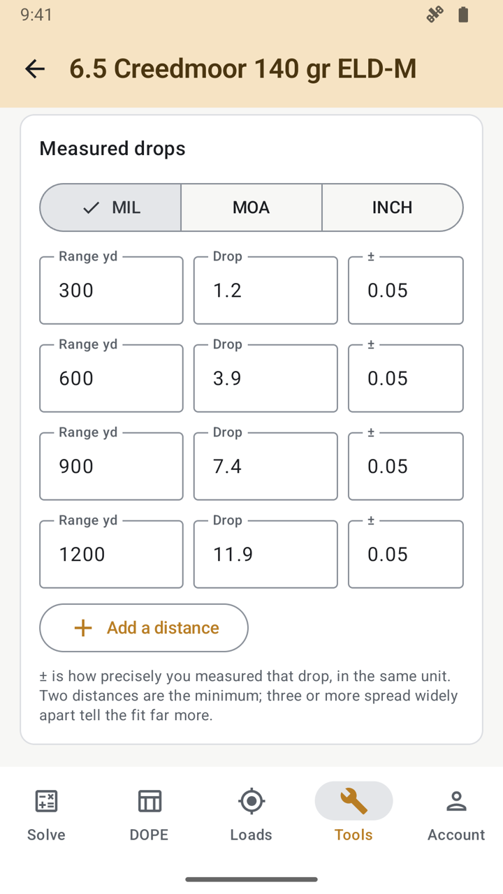 The truing screen's Measured drops section in MIL for a 6.5 Creedmoor 140 gr ELD-M: 300 yards 1.2, 600 yards 3.9, 900 yards 7.4 and 1200 yards 11.9 mil, each with a plus-or-minus of 0.05.