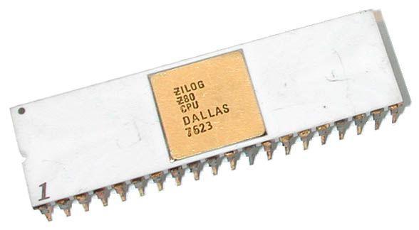 An original Zilog Z80 CPU in a white ceramic DIP-40 package, manufactured in Dallas, 1976