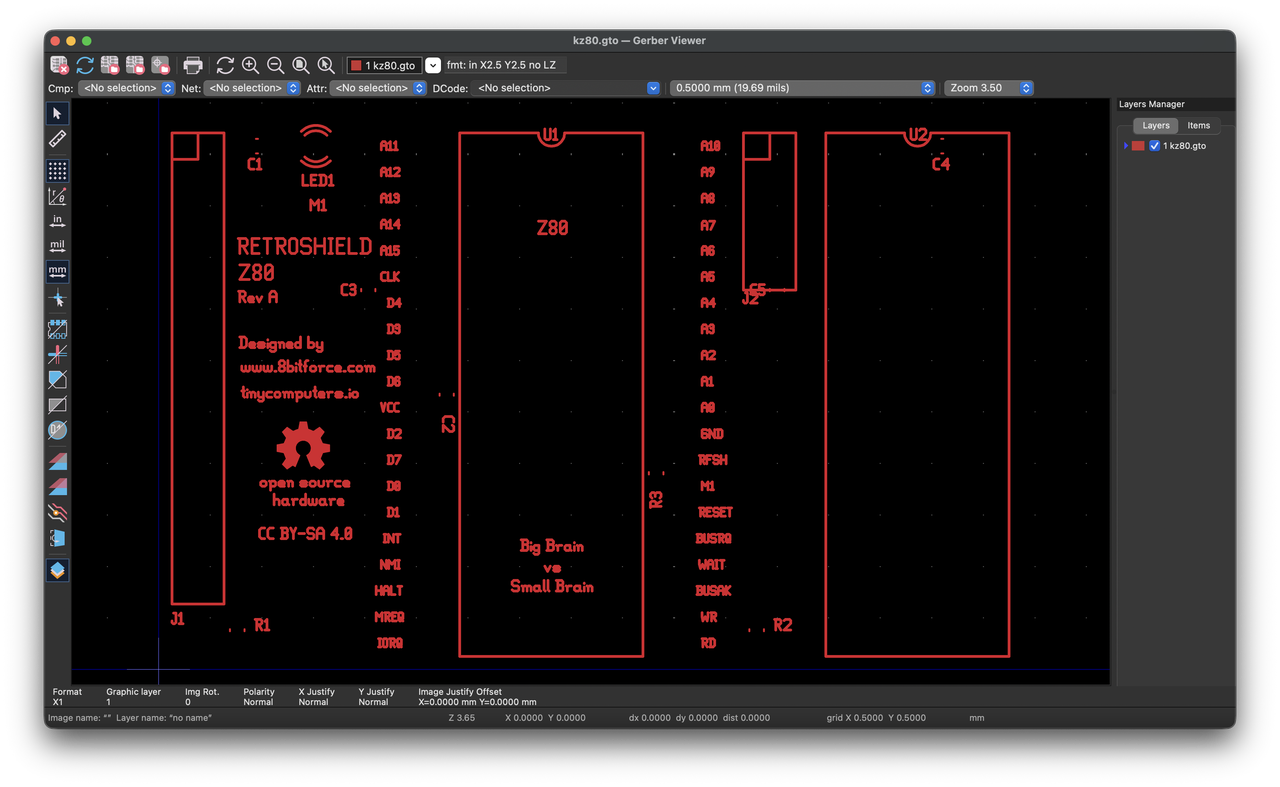 Top silkscreen layer of the dual Z80 RetroShield PCB in Gerber Viewer, showing U1 and U2 Z80 CPU footprints, J1 and J2 headers, component labels, and tinycomputers.io branding