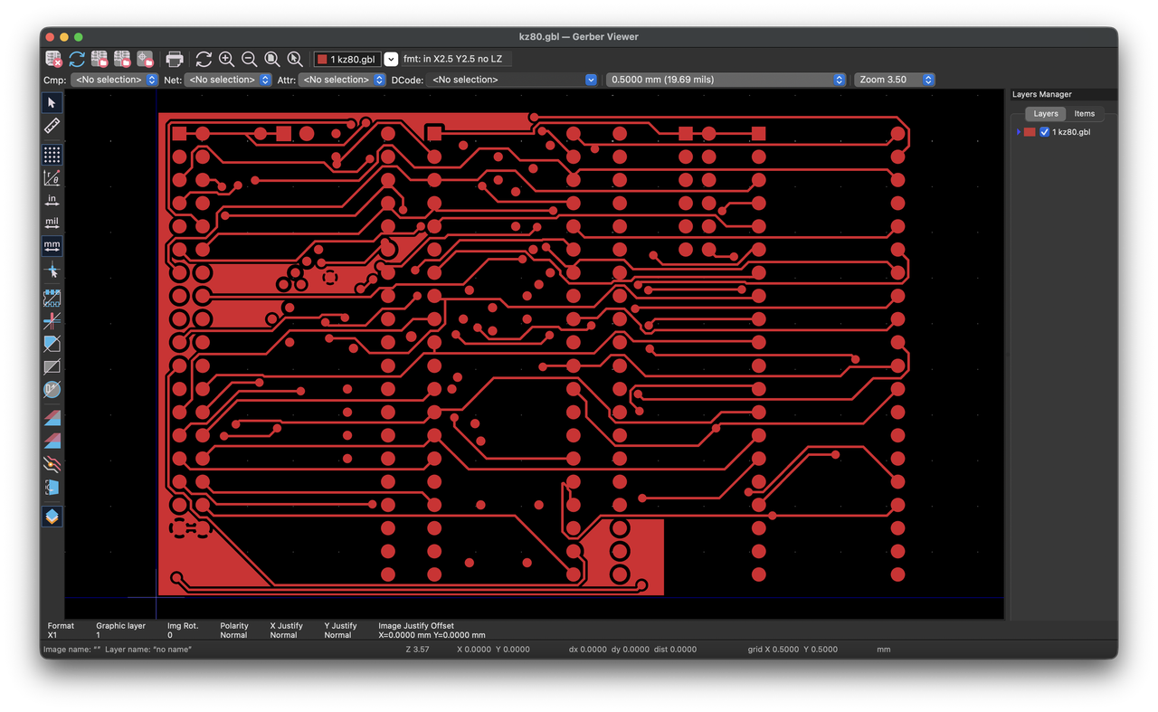 Top copper layer of the dual Z80 RetroShield PCB viewed in Gerber Viewer, showing 897 autorouted trace segments and 82 vias connecting both CPUs to the shared bus