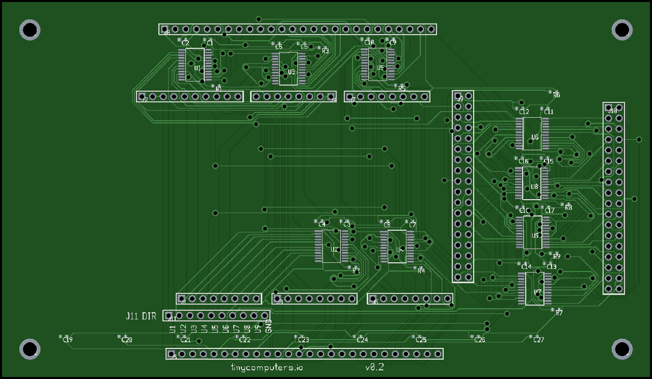 GigaShield v0.2 PCB top view: routed two-layer board with 9 SN74LVC8T245PW level shifters, generated with Python and autorouted with Freerouting