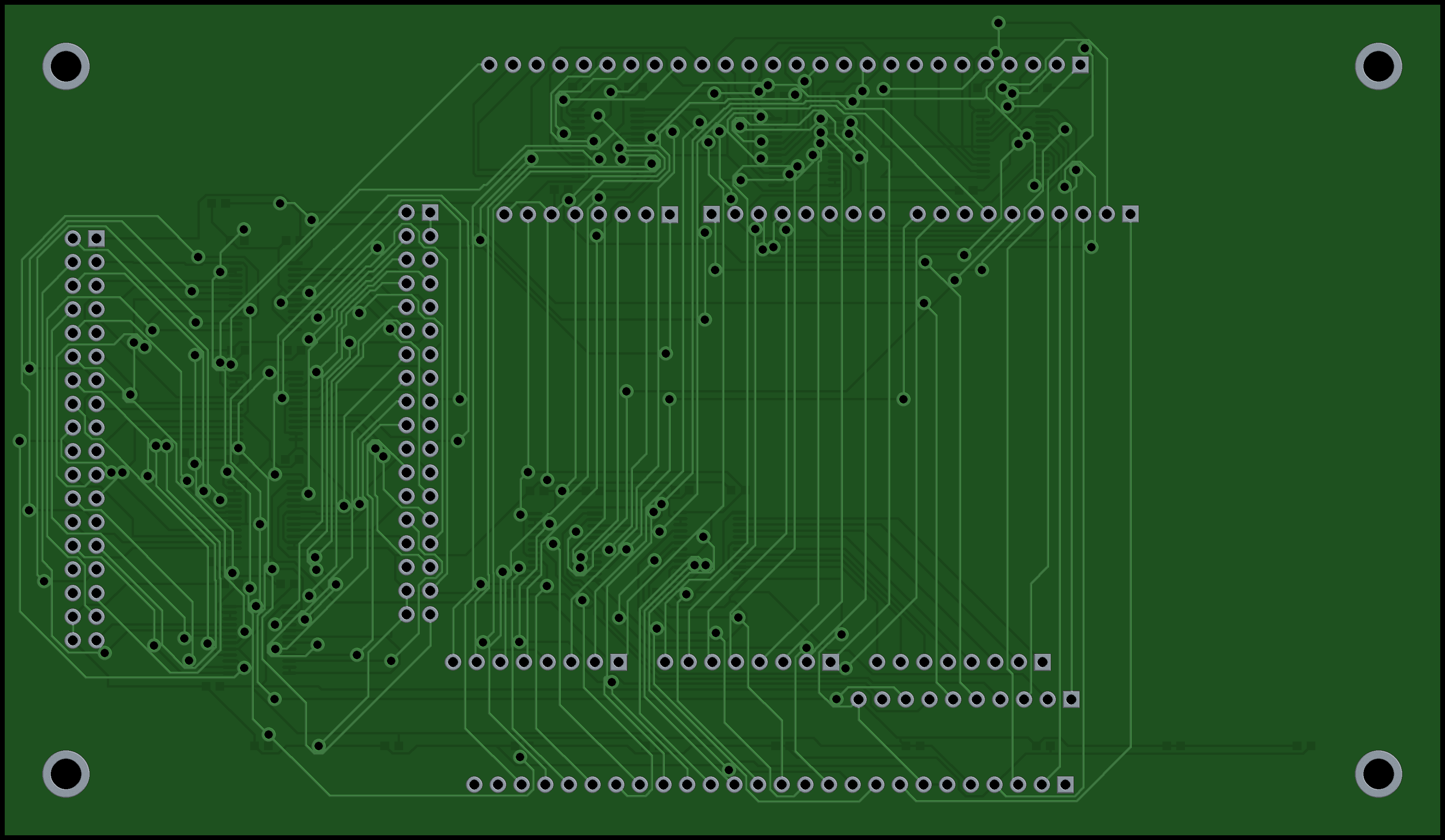 Bottom layer of the Freerouting result: dense trace routing showing how the shove algorithm packs traces tightly between through-hole pin rows