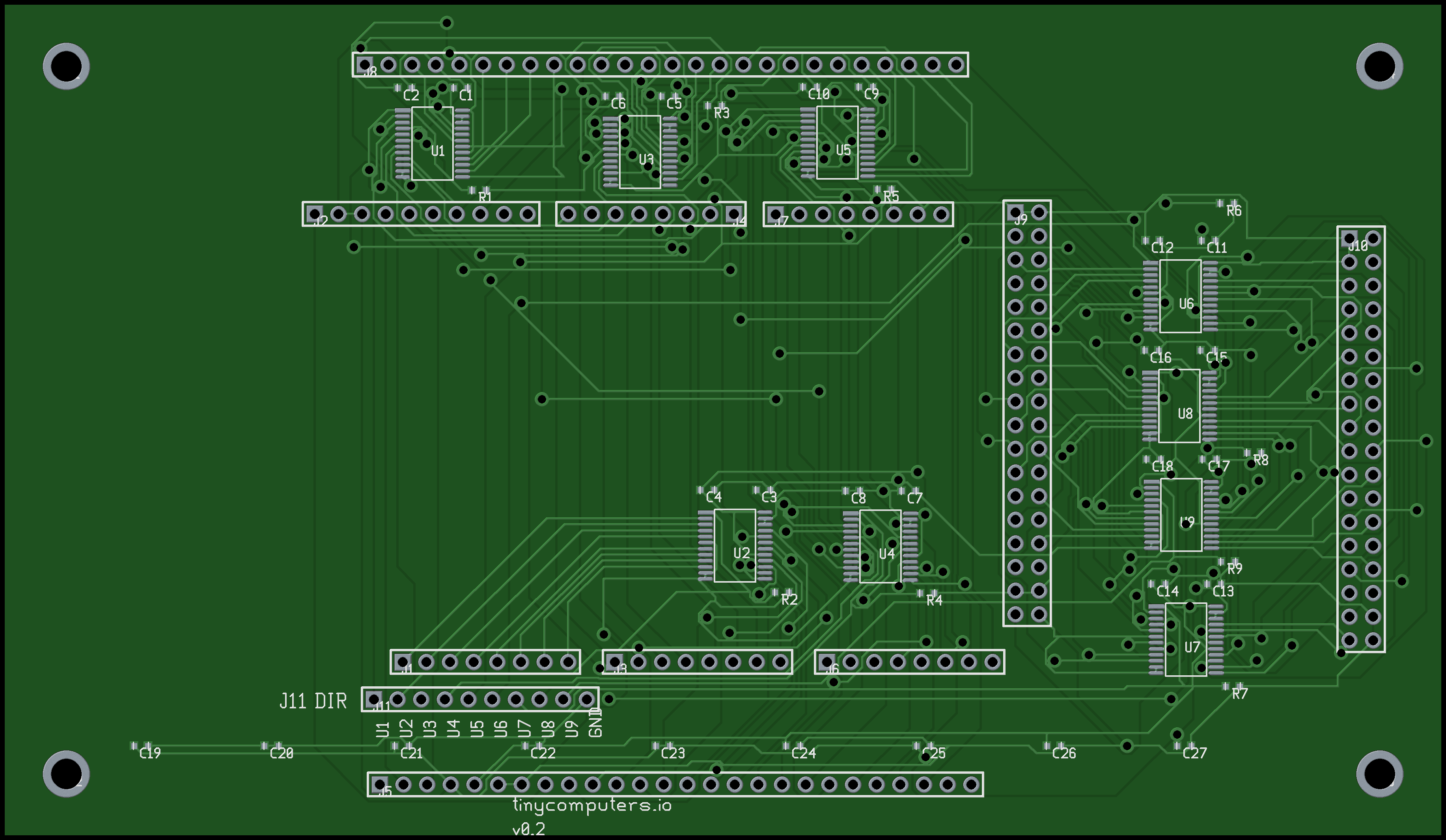 Freerouting result on the Giga Shield: 2-layer board with 45-degree trace routing between TSSOP-24 ICs and pin headers, rendered in pcb-rnd photo mode