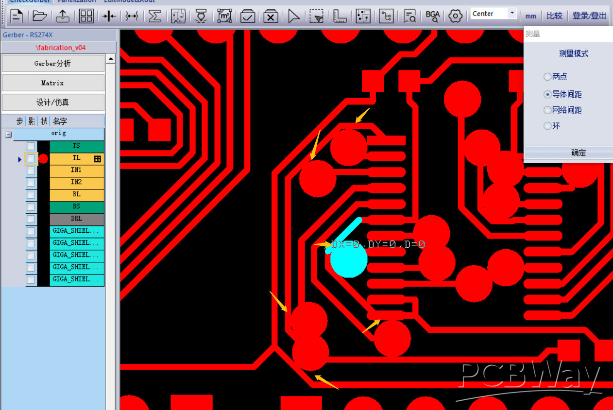 PCBWay QA engineer's Gerber inspection screenshot — yellow arrows mark violation spots, cyan measurement shows D=0 between a trace and a pad