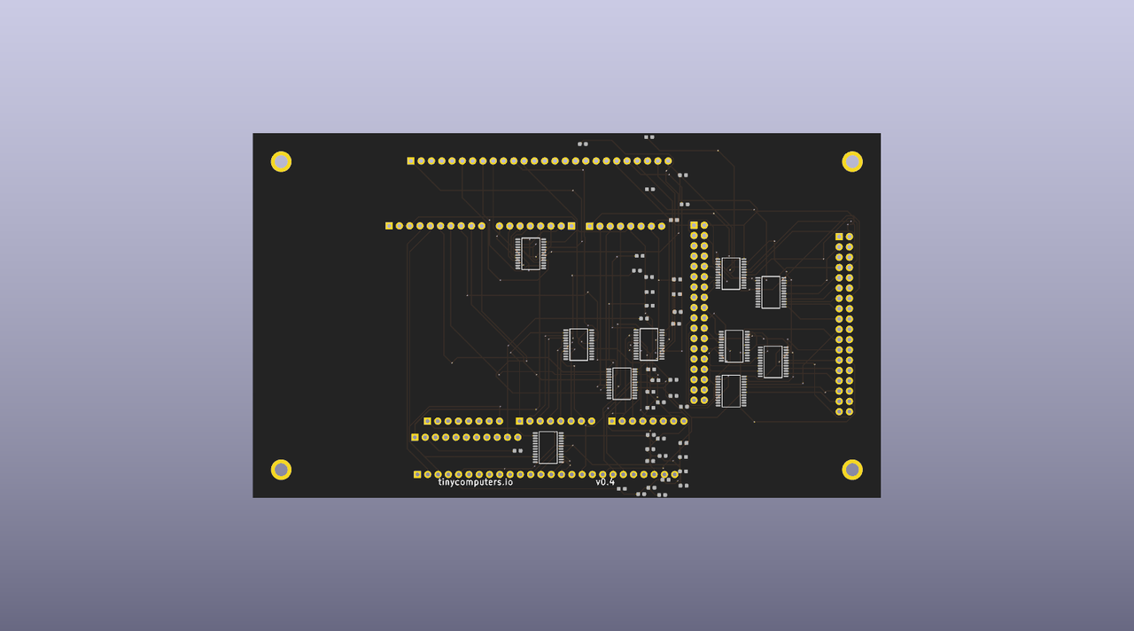 Top-down render of a pyplacer placement after Freerouting. All ten level shifters clustered tightly in a horizontal band across the middle of the board, immediately to the left of J9. Routing traces visible, but the shifter cluster is visibly cramped and many nets run long distances to reach it.