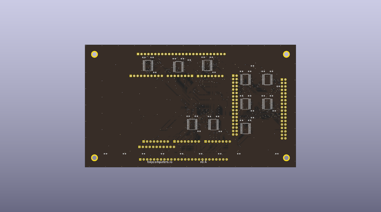 Top-down render of Quilter's Candidate_1 placement. Ten level shifters distributed across the board: three in a row along the top edge near J5, two in the bottom third near J8, and five clustered between J9 and J10 on the right-hand side. Passives are scattered across the routing channels in short local clusters. The board has routing traces visible on the top and inner layers.
