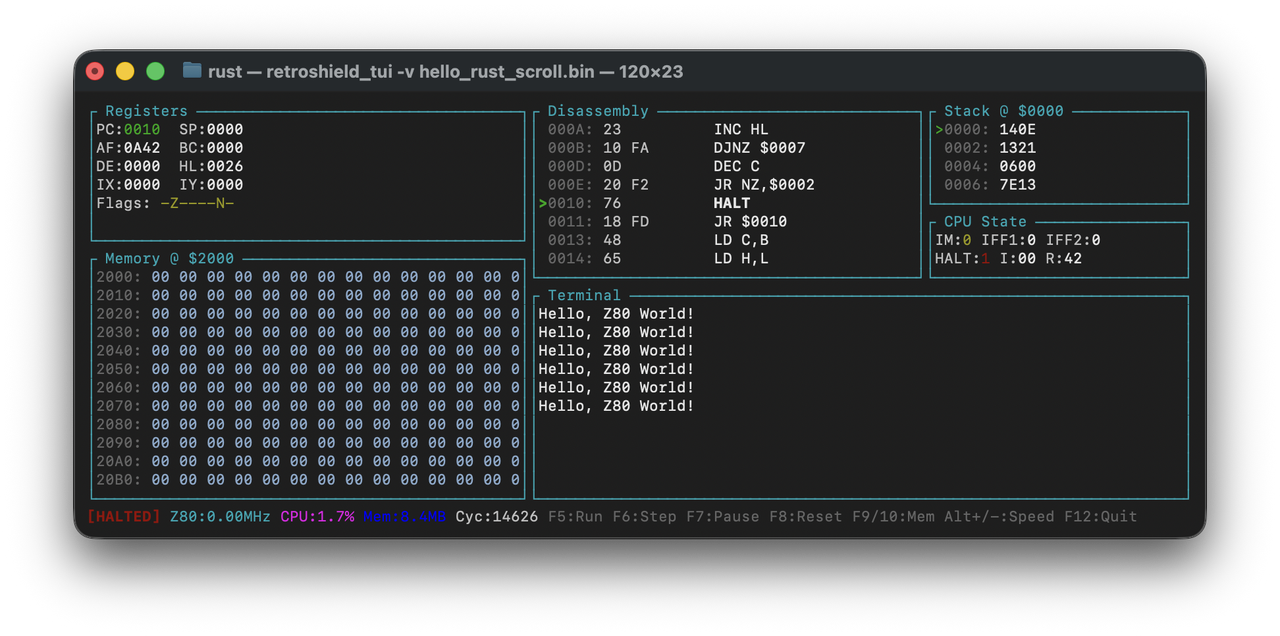 Hello Z80 World running in the TUI debugger