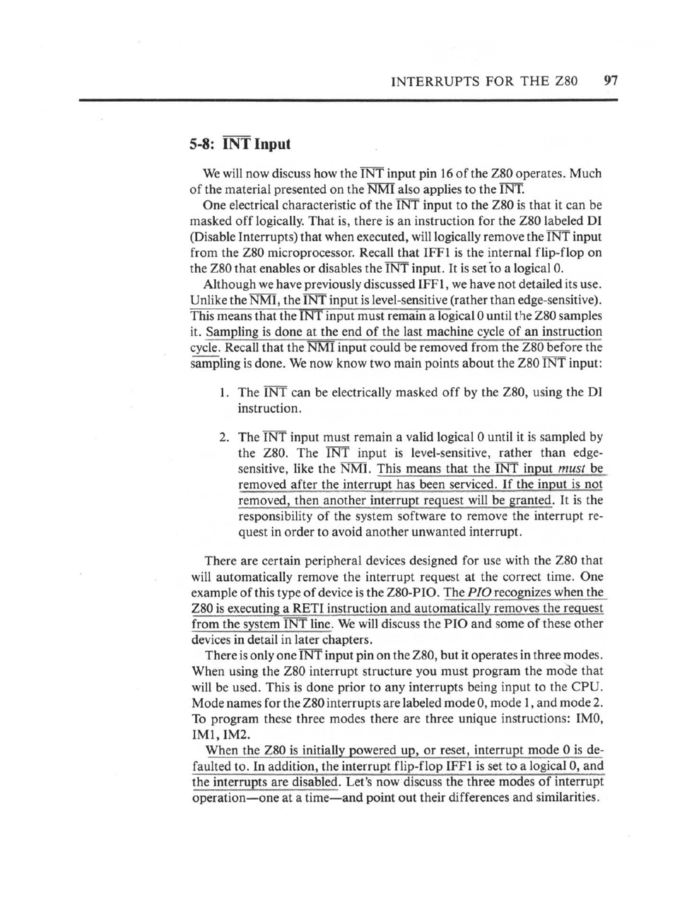 Book page explaining interrupt handling and INT input