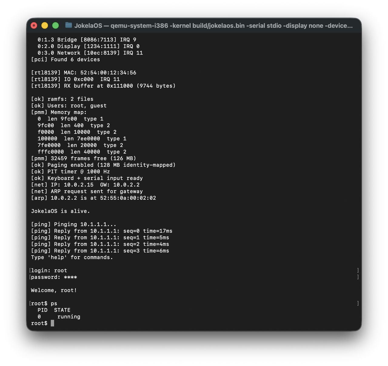 JokelaOS boot sequence in QEMU — GDT, IDT, PCI enumeration, memory map, paging init, RTL8139 driver, and network stack initialization