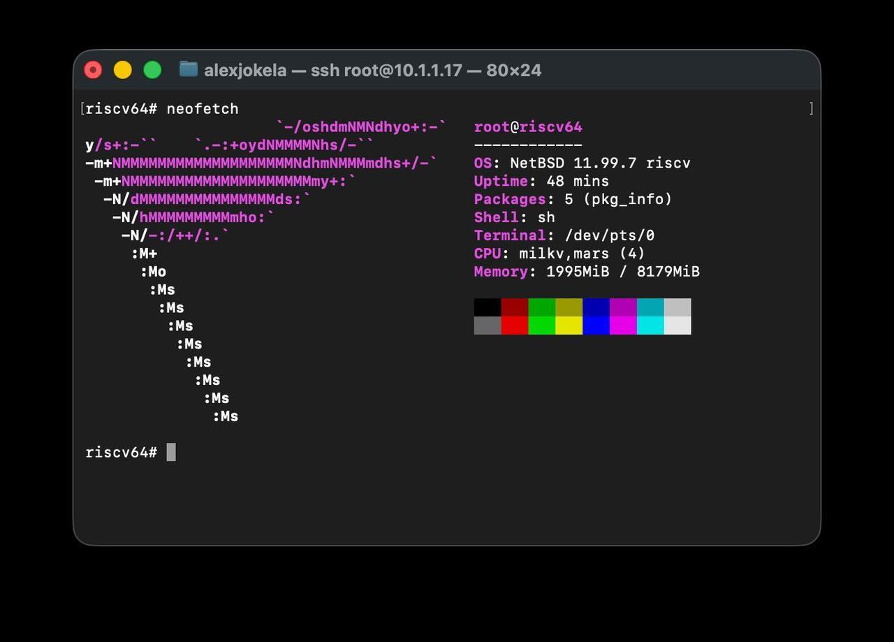 Terminal screenshot: ssh root@10.1.1.17, neofetch reporting NetBSD 11.99.7 riscv, CPU milkv,mars (4), 48 minutes uptime