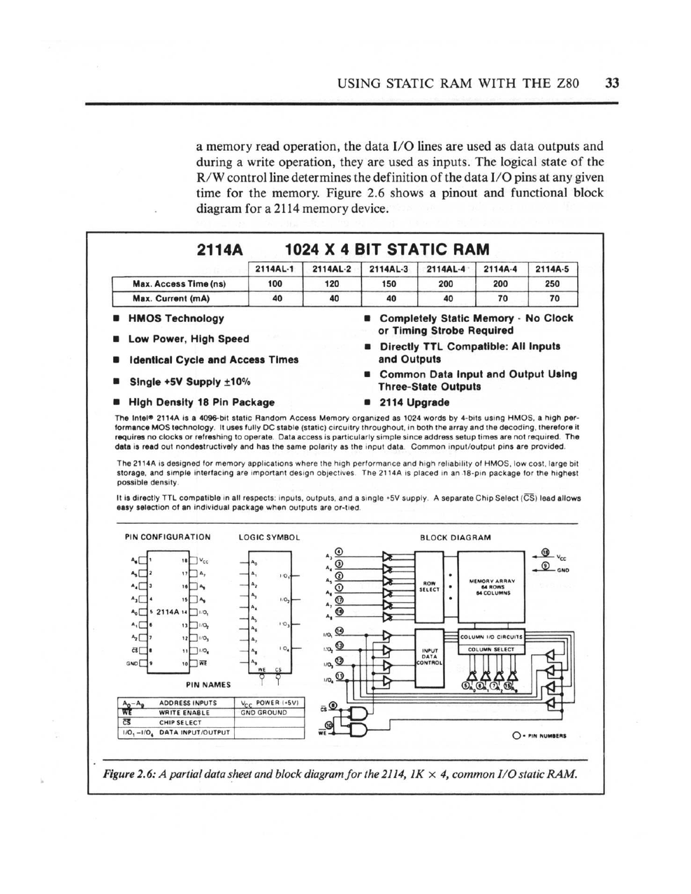 2114 Static RAM datasheet excerpt showing pinout and specifications