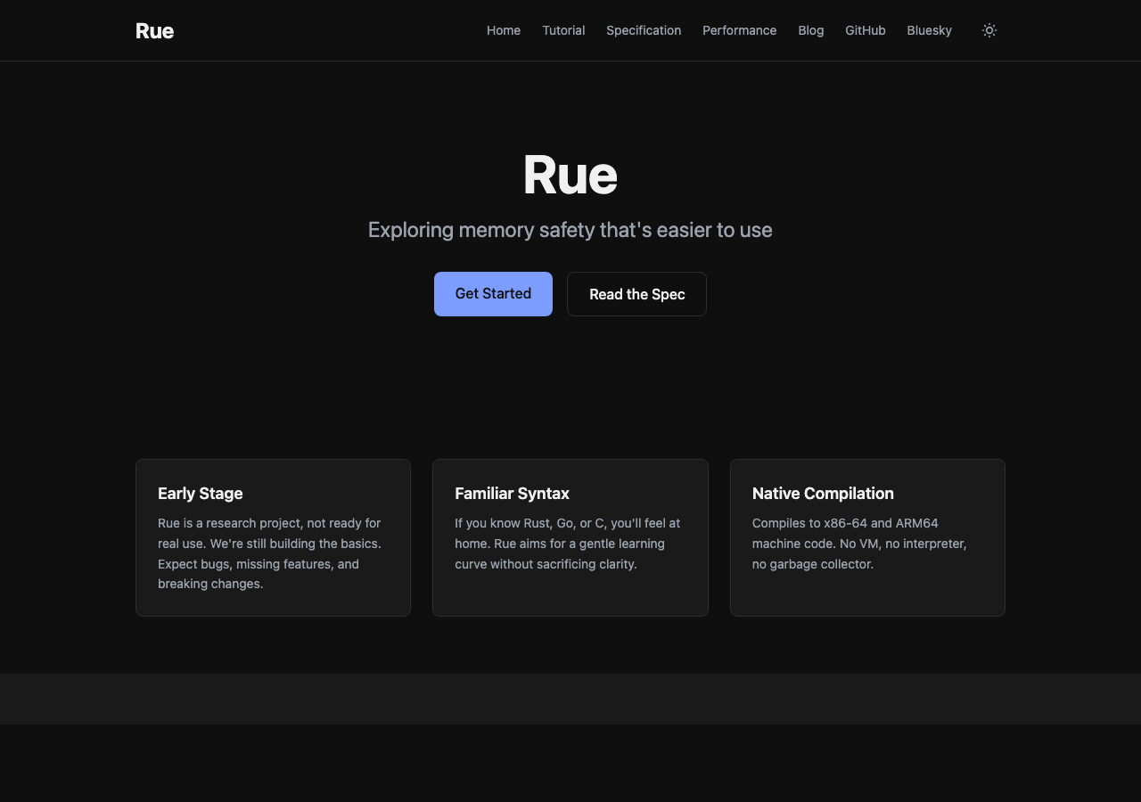 The rue-lang.dev homepage showing the tagline 'Exploring memory safety that's easier to use' with feature cards for Early Stage, Familiar Syntax, and Native Compilation