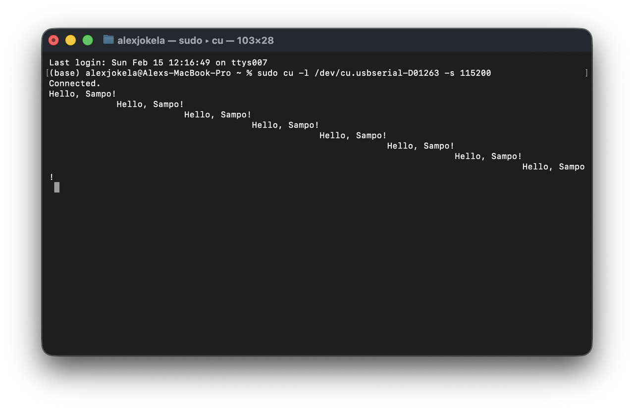 Terminal showing Hello, Sampo! repeating on the ULX3S FPGA via cu serial connection