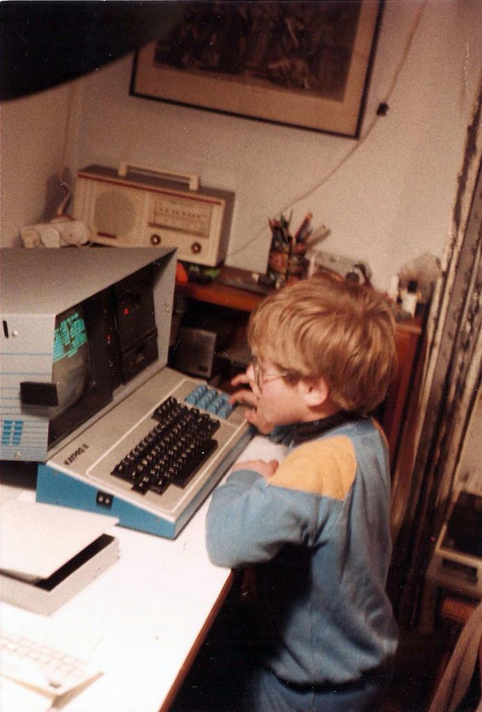 A boy using a Kaypro II computer running CP/M in Jerusalem, 1984 — at the beginning of a cost curve that would eventually put a supercomputer in every pocket