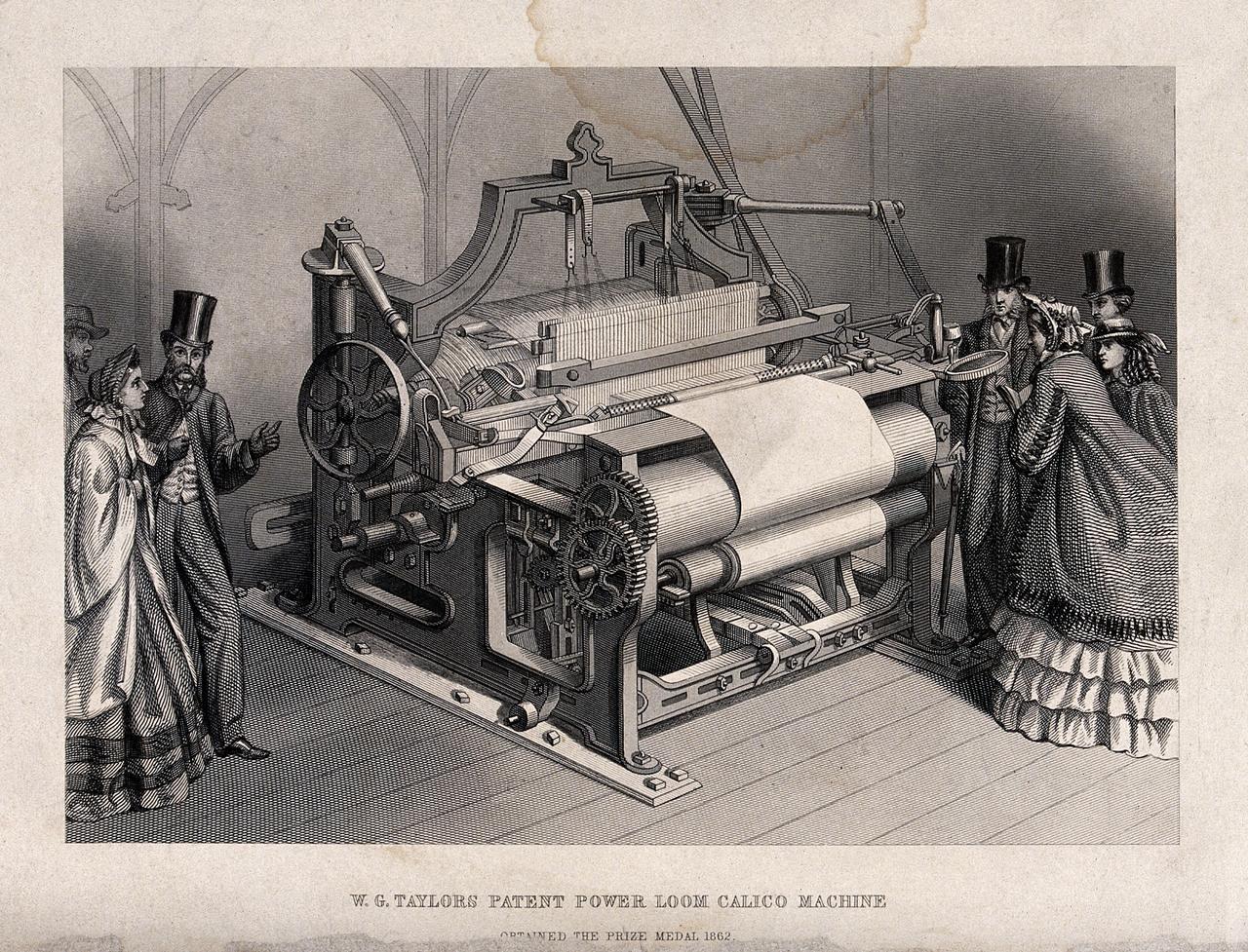W.G. Taylor's Patent Power Loom Calico Machine, an 1862 engraving showing Victorian-era visitors in top hats and crinolines admiring an industrial power loom — technology as spectacle, observed without full understanding of its economic consequences