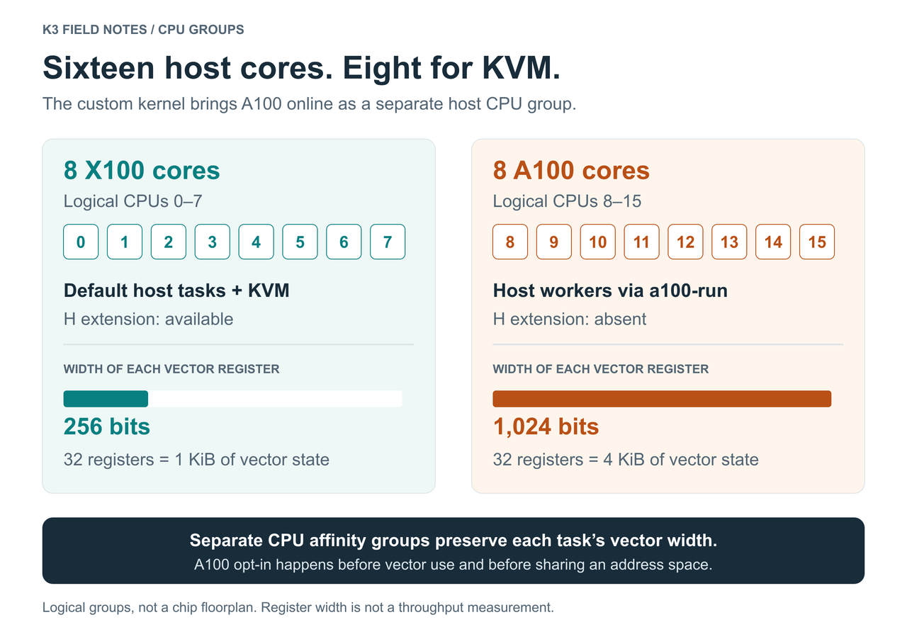 The K3's sixteen cores form two separate CPU groups: eight X100 cores, logical CPUs 0–7, run ordinary host tasks and KVM with 256-bit vector registers; eight A100 cores, CPUs 8–15, run explicitly launched host workers with 1,024-bit vector registers and no hardware virtualization extension. The register-width bars show a four-to-one size ratio, not a throughput comparison.