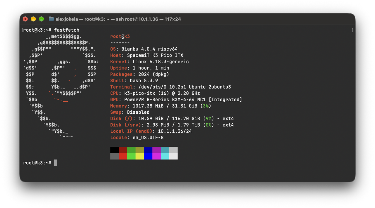 fastfetch output on the K3 showing Bianbu 4.0.4 riscv64, kernel 6.18.3-generic, 16 cores at 2.20 GHz, 31.31 GiB of RAM, a PowerVR B-Series BXM-4-64 GPU and a 1.79 TiB NVMe mounted at /srv