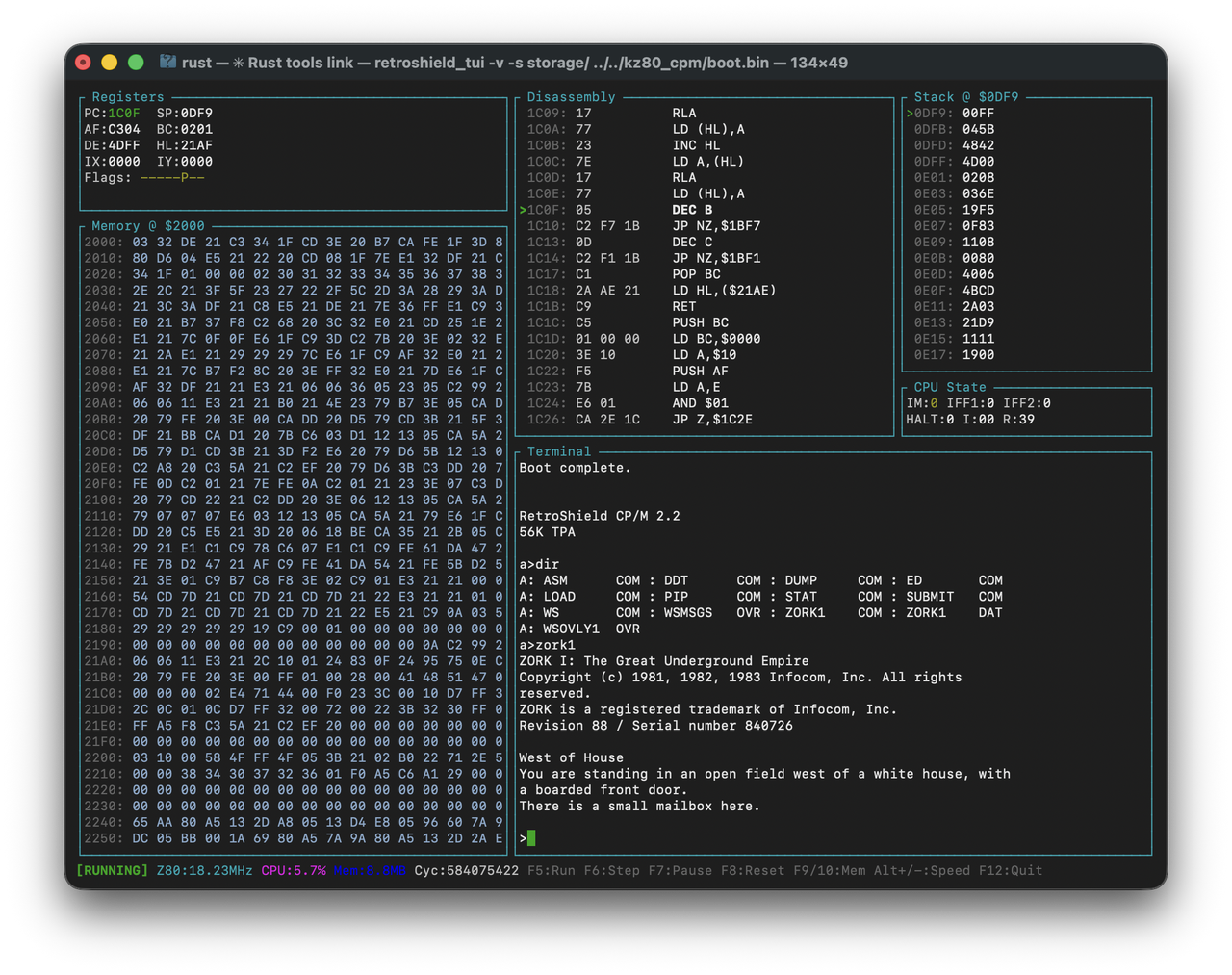 Zork I running on CP/M in the RetroShield TUI emulator